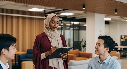 A woman in a hijab presents a project to two colleagues in a modern setting.