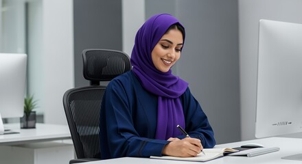 A focused young woman in a purple hijab sits at her desk, diligently working on a notebook in a modern setting.