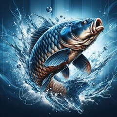 Jumping carp fish splashing water with realistic detail, vibrant colors, dynamic energy suitable for t-shirt or poster print