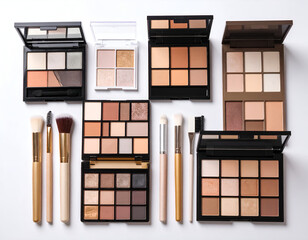 A professional collection of open eyeshadow palettes with neutral shades and makeup artist brushes organized in a clean flat lay on white.