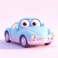 Cute cartoon blue car with big expressive eyes and a friendly smile on a white background