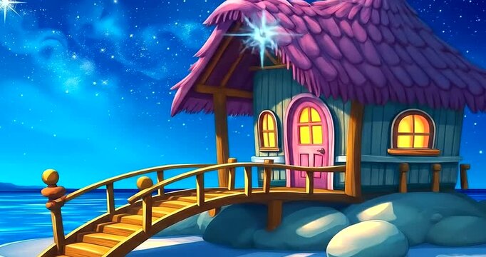 Cartoon hut with small bridge to sea, star-sprinkled night sky, 2026