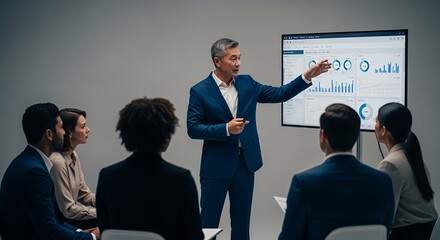 A confident businessman presents financial data to a diverse team during a corporate meeting.