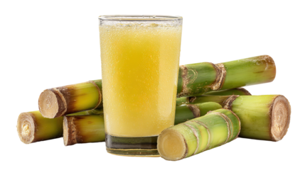 Fresh sugarcane juice in glass, beside cut sugarcane stalks, natural background