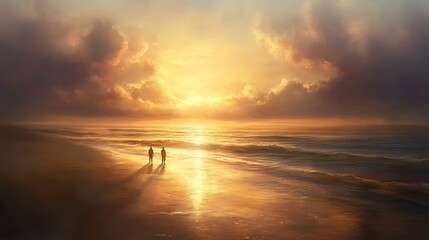 golden hour serenity with couple walking peacefully on sunset beach for romantic scenic moment highlighting warmth connection and coastal tranquility concept.