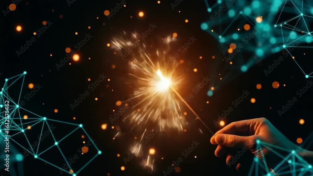 Poster a hand holding a sparkler illuminating a dark background filled with abstract glowing connections an