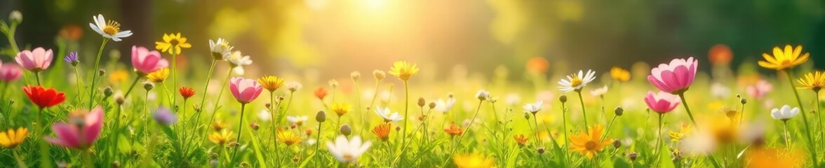 Fototapeta premium Vibrant, sun-drenched meadow bursting with wildflowers in full bloom Perfect for nature, spring, or summer themes; evokes feelings of freshness and renewal , flora, picturesque, vibrant colors