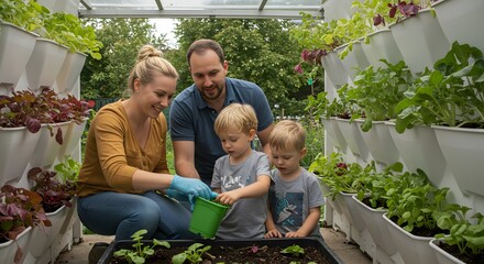 Cultivating Family's Green Paradise: A family finds joy and connection amid verdant foliage in a flourishing greenhouse. This snapshot captures the essence of togetherness, cultivation.