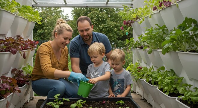 Cultivating Family's Green Paradise: A family finds joy and connection amid verdant foliage in a flourishing greenhouse. This snapshot captures the essence of togetherness, cultivation. - Powered by Adobe