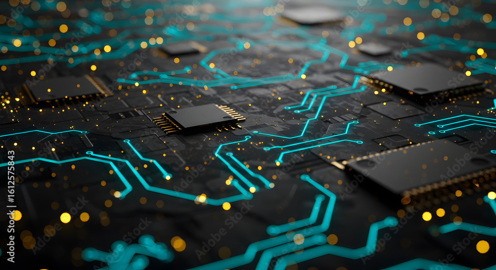 Poster black circuit board with teal lines and golden bokeh high tech and futuristic connectivity