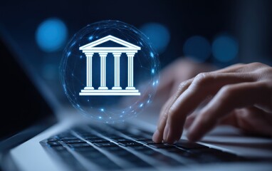Hands typing on a laptop with a digital bank icon