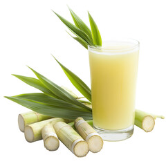 Fresh sugarcane juice in glass, beside cut sugarcane stalks, natural background