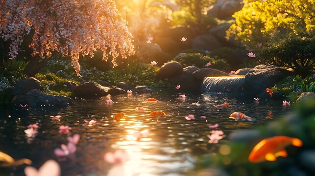 serene koi pond at golden hour with soft reflections vibrant koi and warm light for digital masterpiece showcasing peace balance and natural beauty concept.