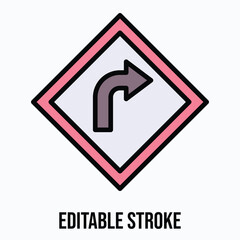 Traffic Sign, Cautionary Right Turn Ahead Road Sign Vector Icon, Isolated Vector Lineal Color Style Icon, Editable Stroke.