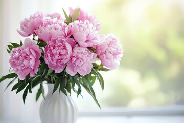 Obraz premium Bouquet of pink peonies in white vase on light background, close-up studio shot with soft natural lighting