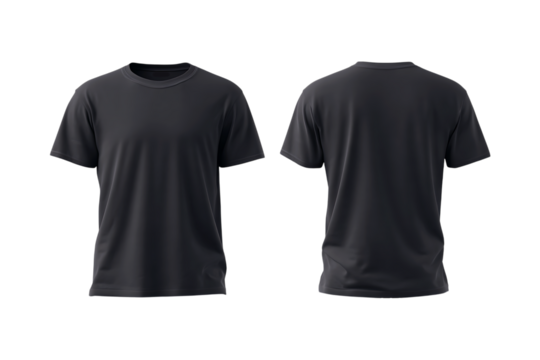 Realistic 3d render of a dark charcoal gray short sleeve crew neck t shirt front and back view isolated on transparent background