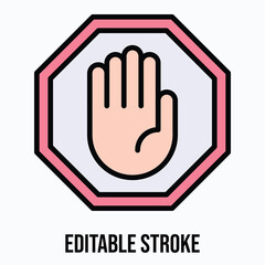 Red Stop Octagonal Hand Sign Vector Icon, Isolated Vector Lineal Color Style Icon, Editable Stroke.