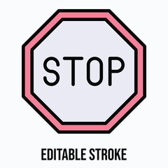 Stop Sign Is Prohibited, Stop Traffic Sign Vector Icon, Isolated Vector Lineal Color Style Icon, Editable Stroke.