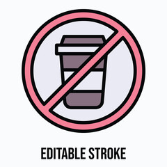 No Drink Or Coffee Allowed Sign Vector Icon, Isolated Vector Lineal Color Style Icon, Editable Stroke.