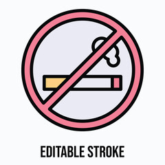 No Smoking Symbol For Restaurant, Room, Public Places, Cigarette Prohibition Sign Vector Icon, Isolated Vector Lineal Color Style Icon, Editable Stroke.