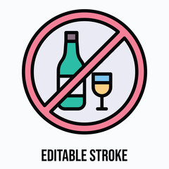 No Alcohol Sign, No Drinking Sign Vector Icon, Isolated Vector Lineal Color Style Icon, Editable Stroke.
