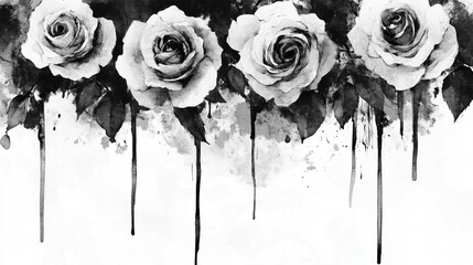 Elegant monochrome watercolor rose border with artistic ink drips and grunge texture overlay, high contrast black and white floral design.