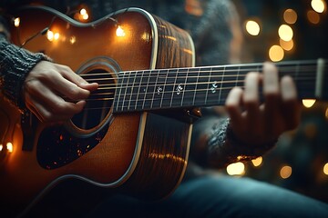 Obraz premium Acoustic Guitar Mockup with Warm Fairy Lights