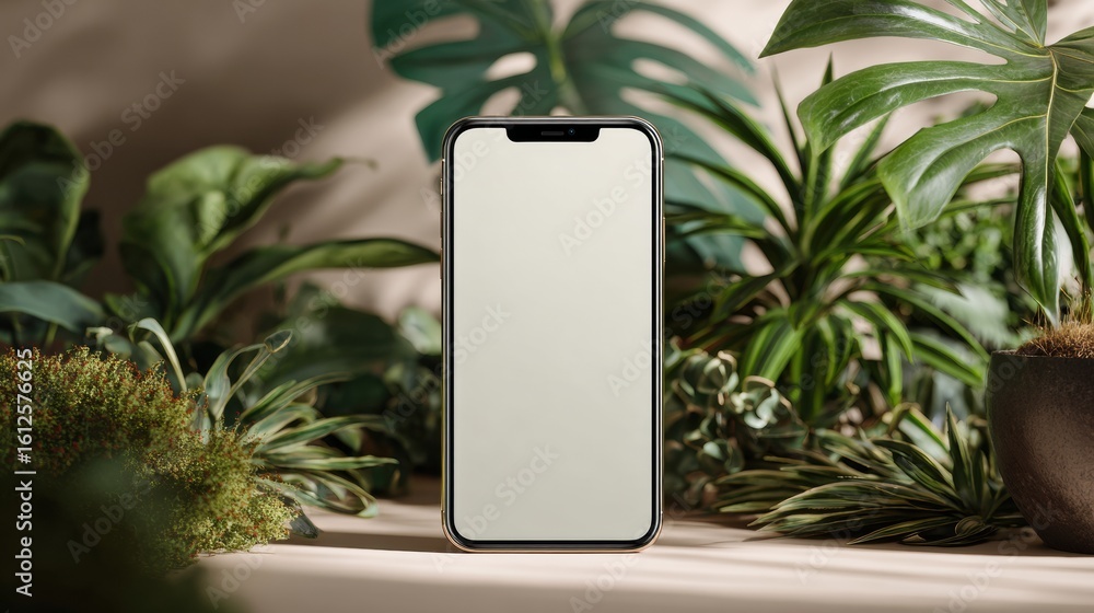 Poster smartphone user interface mockup with clean ad placement in lush indoor greenery setting at a natura