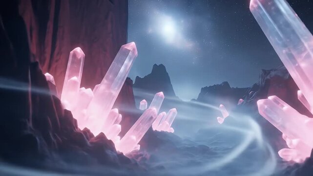 Pink crystals glow in an ethereal alien landscape