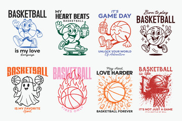 Retro, groovy basketball character and basketball quotes vector illustration bundle. Can be used as t shirt, poster, sticker, or print design