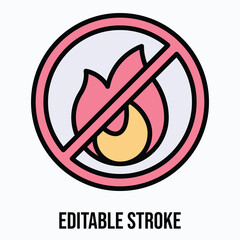 No Fire Vector Sign, No Flame Sign Vector Icon, Isolated Vector Lineal Color Style Icon, Editable Stroke.