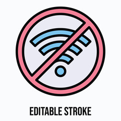 No Wi fi Sign, Prohibition Vector Icon, Isolated Vector Lineal Color Style Icon, Editable Stroke.