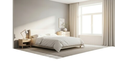 Cozy bedroom with natural light and bed isolated on white background