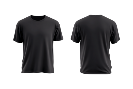 Realistic 3d render of a black crew neck t shirt front and back view isolated on transparent background