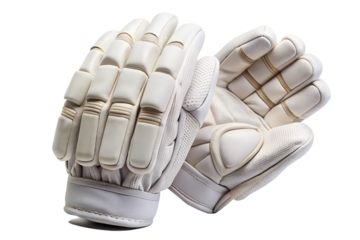 A pair of white cricket batting gloves isolated on a transparent background