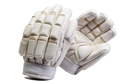 A pair of white cricket batting gloves isolated on a transparent background