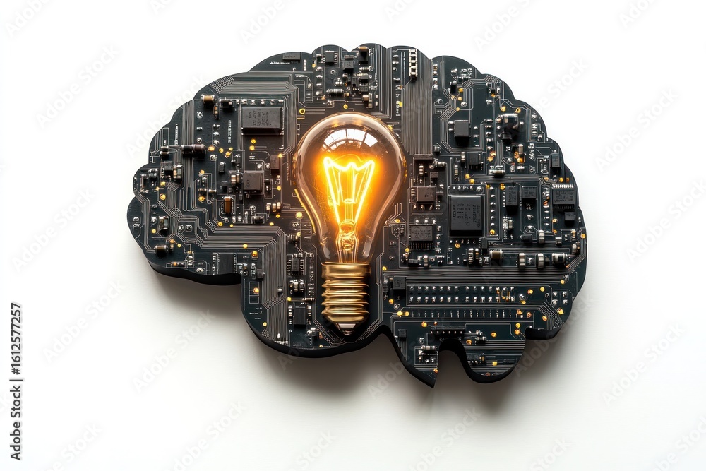 Poster idea generation: a light bulb illuminates within a stylized brain composed of intricate circuitry, r