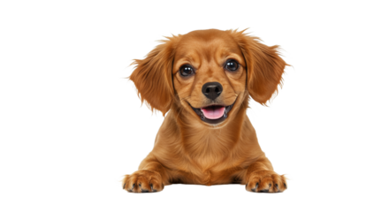 Smiling Puppy Posing with Paws Leaning on Edge Against White Backdrop
