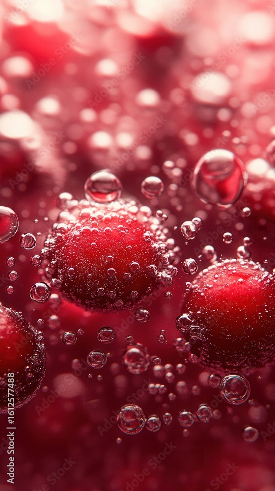 Poster macro view of red berries and bubbles in sparkling liquid bubbles sparkling liquid macro red fruit
