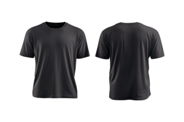 Front and back view of a plain dark gray short sleeved t shirt mockup isolated on transparent background