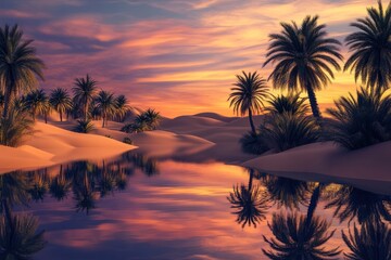 Obraz premium Desert Oasis: A breathtaking vista of a desert oasis, where serene water mirrors the vibrant colors of the sunset sky, palm trees casting their silhouettes against the backdrop of rolling sand dunes.