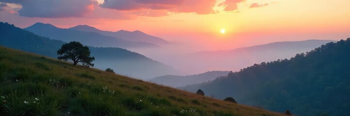 A serene landscape bathed in the quiet hush of dawn, mist clinging to the hills, conveying a sense of peaceful solitude and the absence of sound , unspoiled, environment