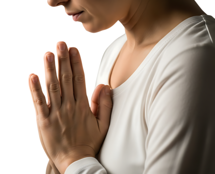 Beautiful young woman with a serene expression, hands in prayer, symbolizing peace and hope