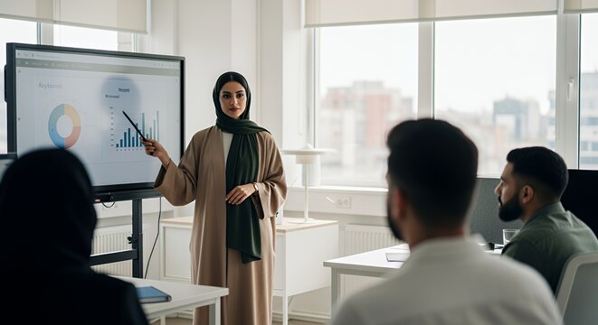 A businesswoman in a hijab confidently presents a financial report to her colleagues using a large interactive display screen.