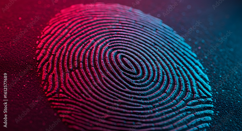 Poster close up fingerprint illuminated by red and blue light on a dark textured background representing se