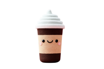 Cute Crochet Coffee Cup with Smiling Face and Pink Cheeks on Transparent Background