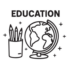 Black and white vector illustration of education concept, outlined in black, featuring books, graduation cap, pencil, and academic icons representing learning, growth, and knowledge.

