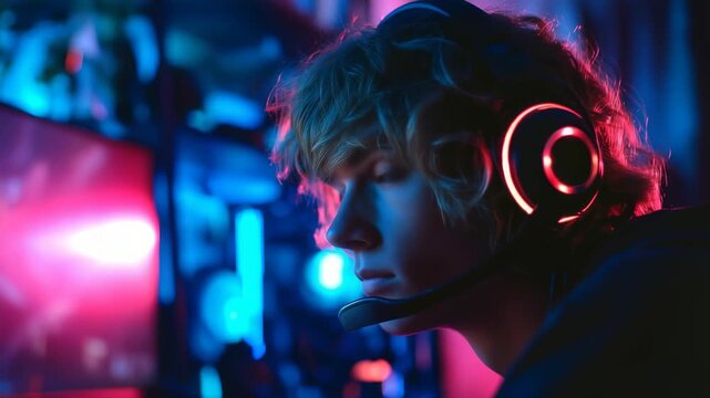 Young gamer immersed in competitive online play at night in a vibrant gaming setup