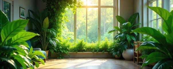 Lush green foliage fills a bright interior space, creating a vibrant and tranquil atmosphere Sunlight streams through unseen windows, illuminating the leaves , rainforest, jungle
