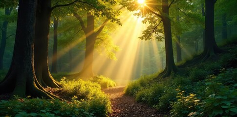 Obraz premium Golden sunlight streams through the dense canopy of a lush forest, dappling the forest floor in a magical light Perfect for nature, travel, and environmental themes , branches, dappled light, fall